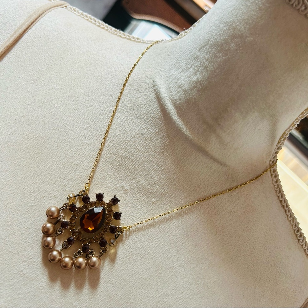 Handcrafted repurpose brown topaz glass stone pendant on chain necklace